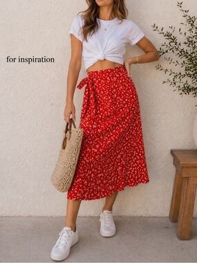 Rachel Zoe Red Floral Midi Skirt High Waist Elastic Tie Boho Summer Size 4